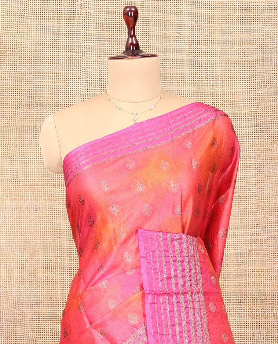 Pink-Orange Tussar Silk Saree Features Zari Buttas, Highlighted by a Zari Border, Floral Design Pallu, and a Matching Blouse