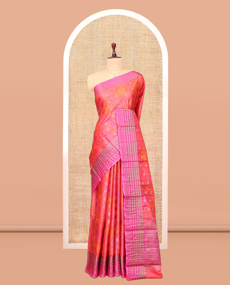 Pink-Orange Tussar Silk Saree Features Zari Buttas, Highlighted by a Zari Border, Floral Design Pallu, and a Matching Blouse