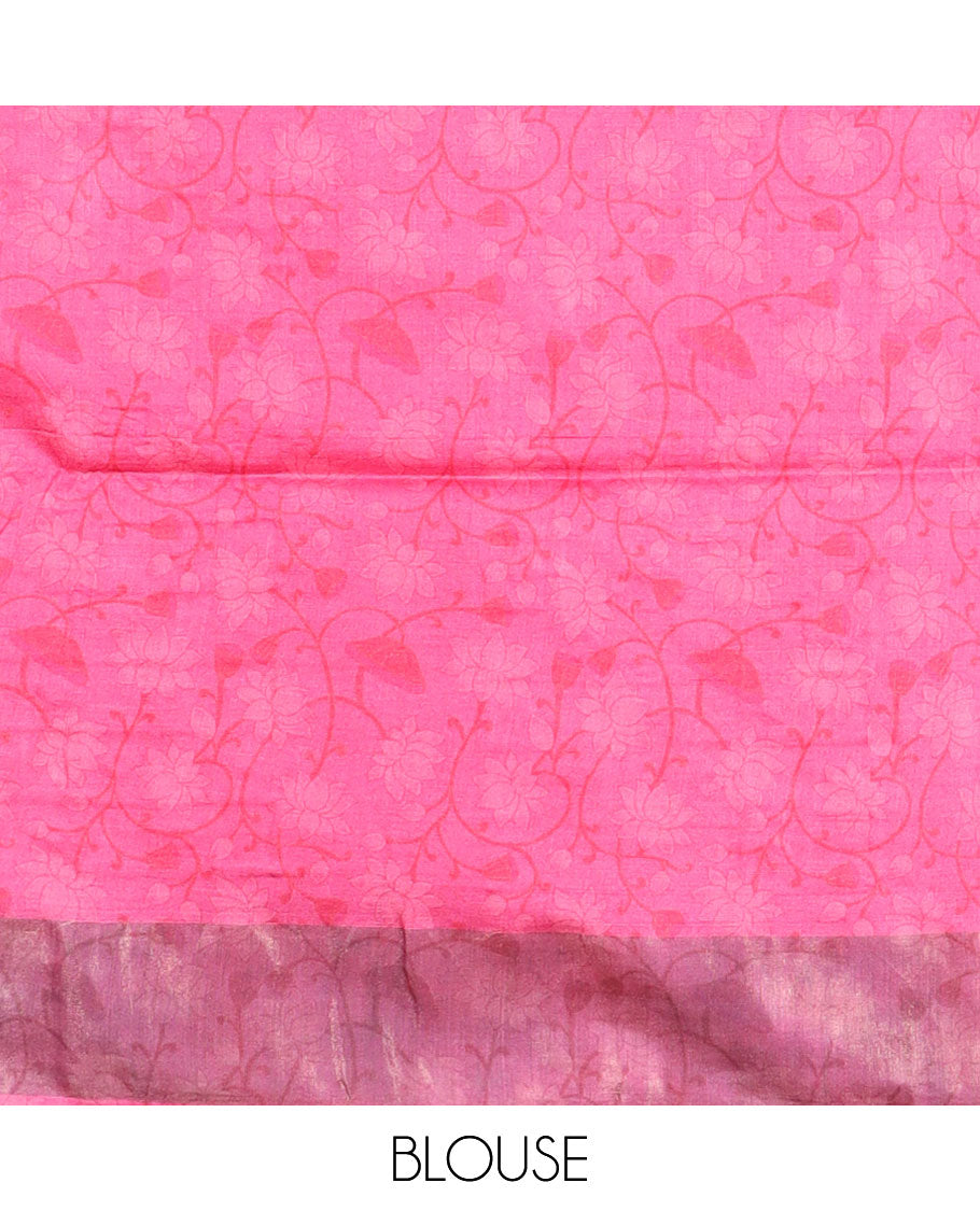 Pink sparsely printed lotus vine and Pichwai cow printed tussar silk saree, zari border and checked pallu
