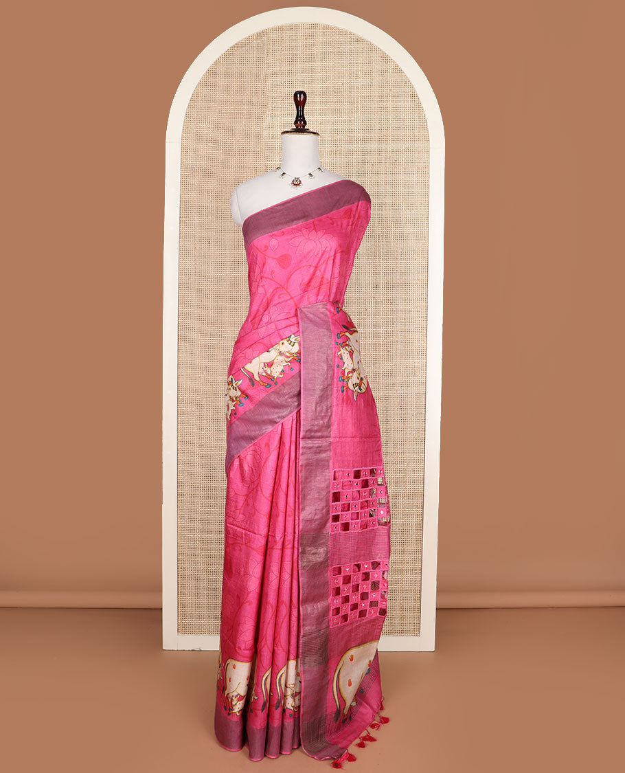 Pink sparsely printed lotus vine and Pichwai cow printed tussar silk saree, zari border and checked pallu