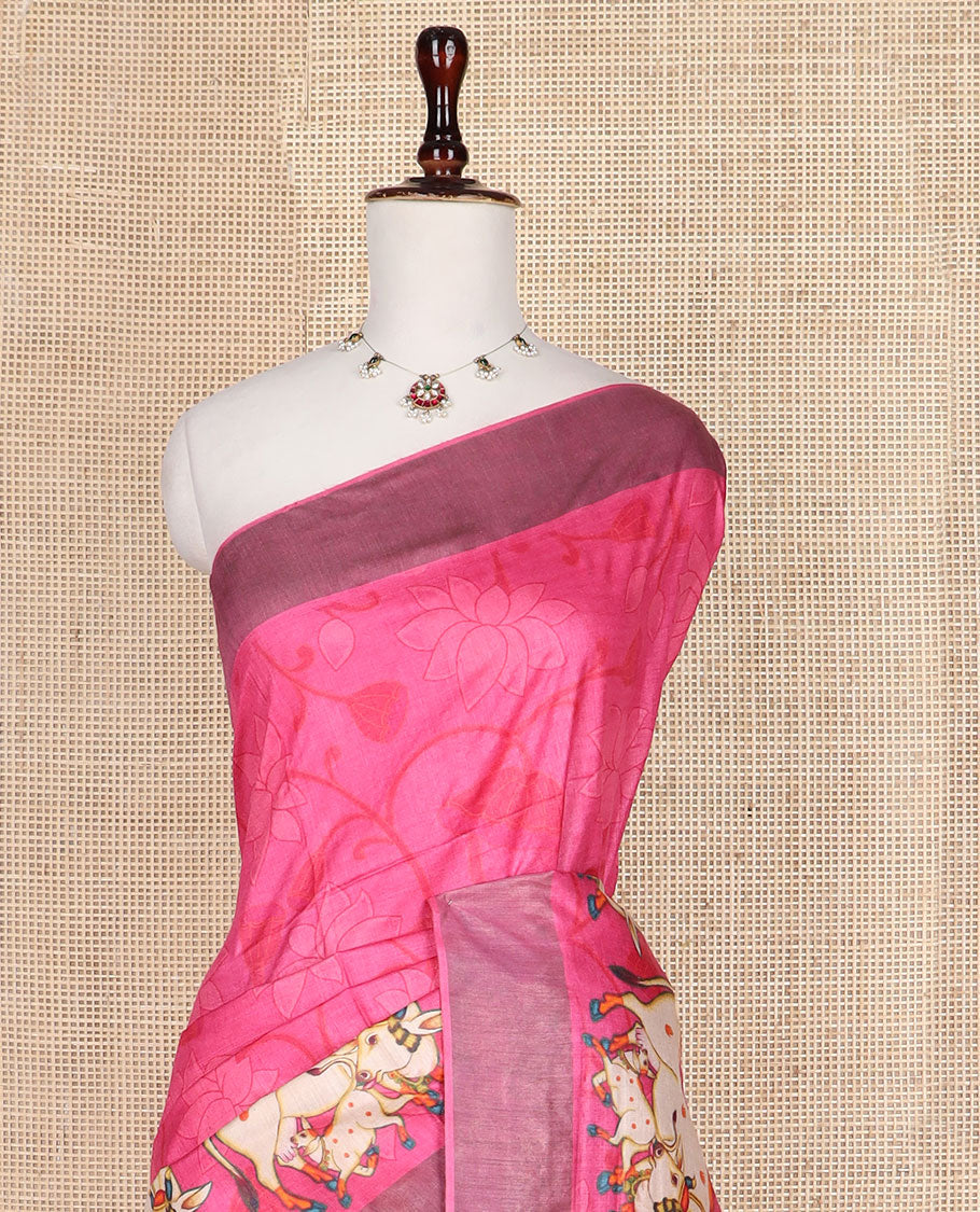 Pink sparsely printed lotus vine and Pichwai cow printed tussar silk saree, zari border and checked pallu