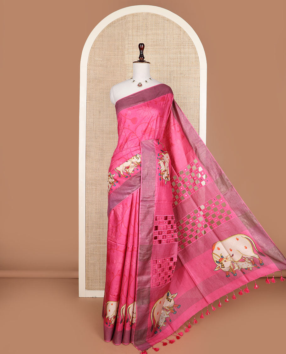 Pink sparsely printed lotus vine and Pichwai cow printed tussar silk saree, zari border and checked pallu