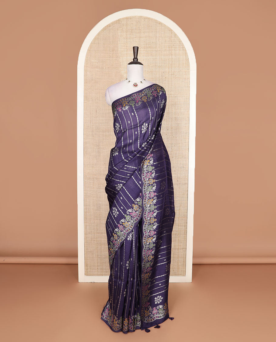 Ink blue floral buttas, and striped Matka silk saree, scallop floral design Meenakari design border