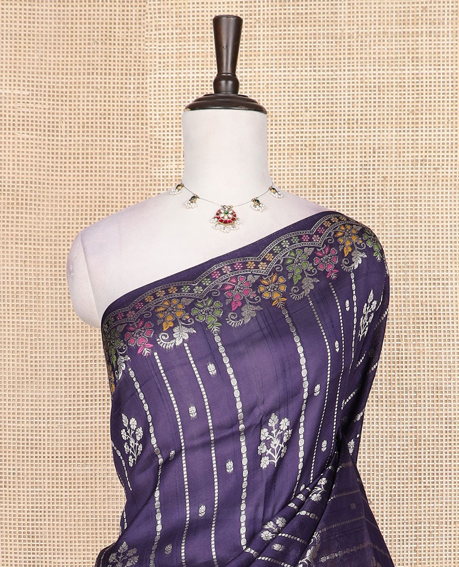 Ink blue floral buttas, and striped Matka silk saree, scallop floral design Meenakari design border