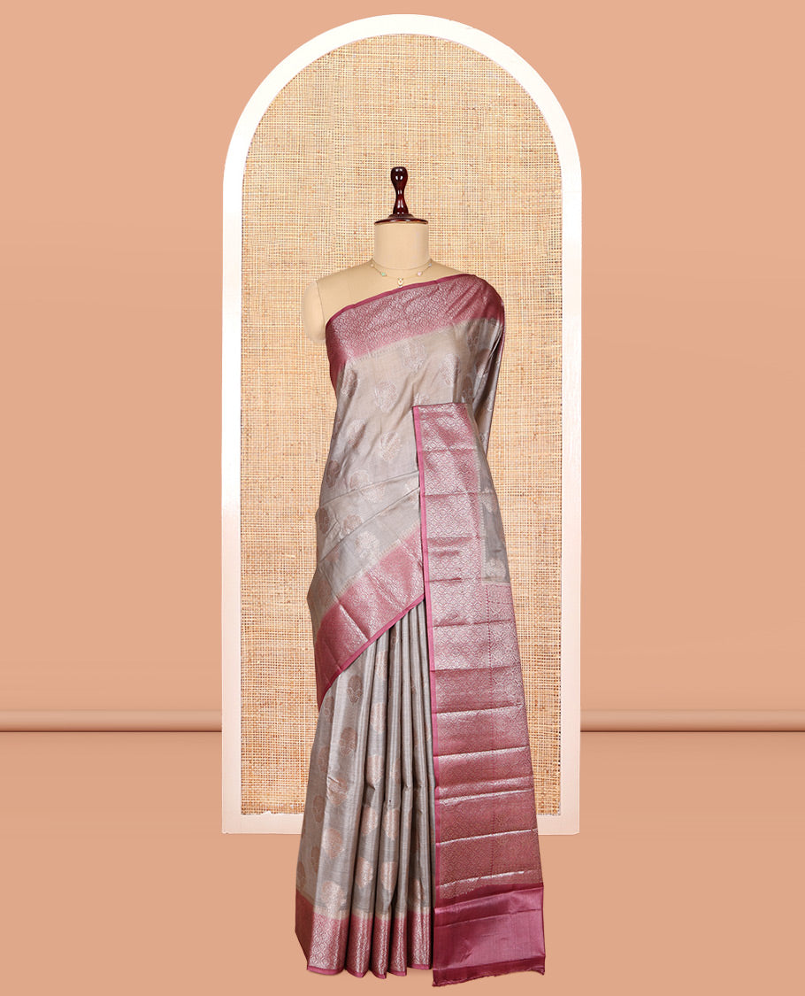 Grey Tusser Silk Saree, Woven with Zari Buttas, a Contrast Zari Border, Grand Pallu, and a Contrast Blouse