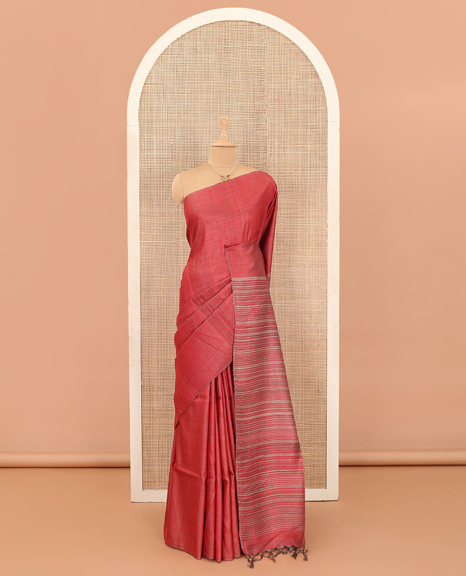 Borderless red plain tussar silk saree, self-pallu of stripes