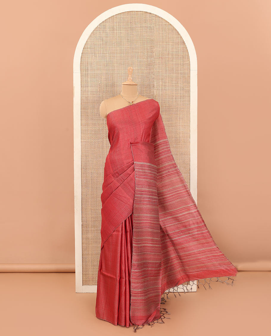 Borderless red plain tussar silk saree, self-pallu of stripes