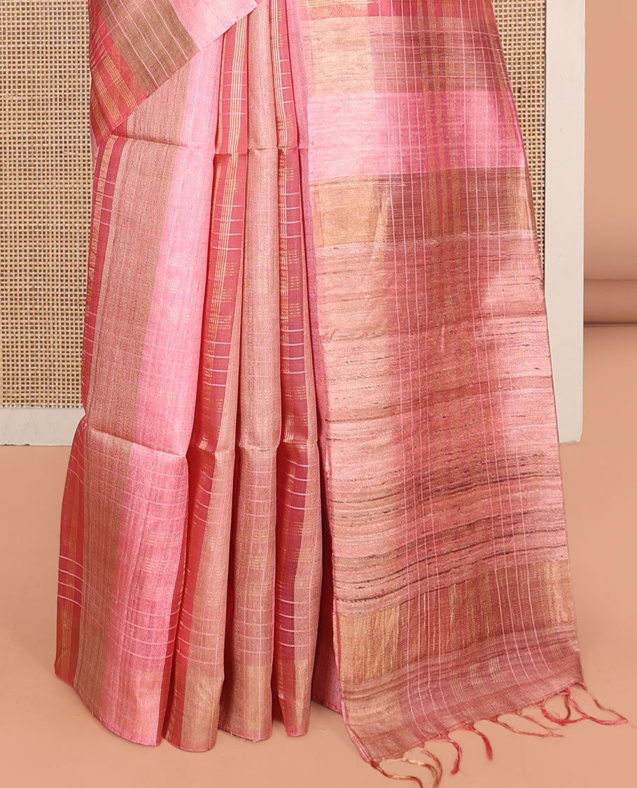 Borderless Pink Checked Tussar Silk Saree, a Self-Printed Pallu, and a Matching Blouse