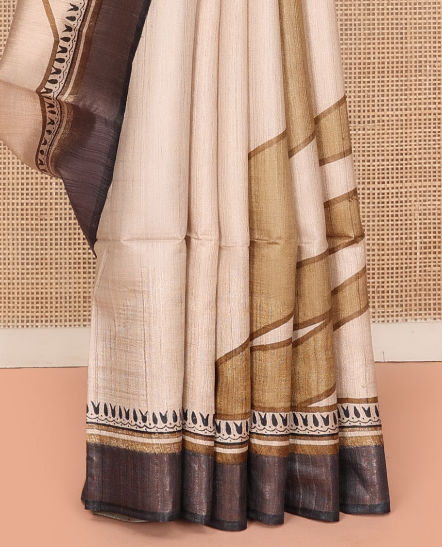 Sandal Tussar Silk Saree, Uniquely Detailed with Abstract-Style Geometric Print on Its Body, Complemented by a Contrast Border, Multi-Color Ombre-Style Striped Pallu, and Paired with a Contrast Blouse