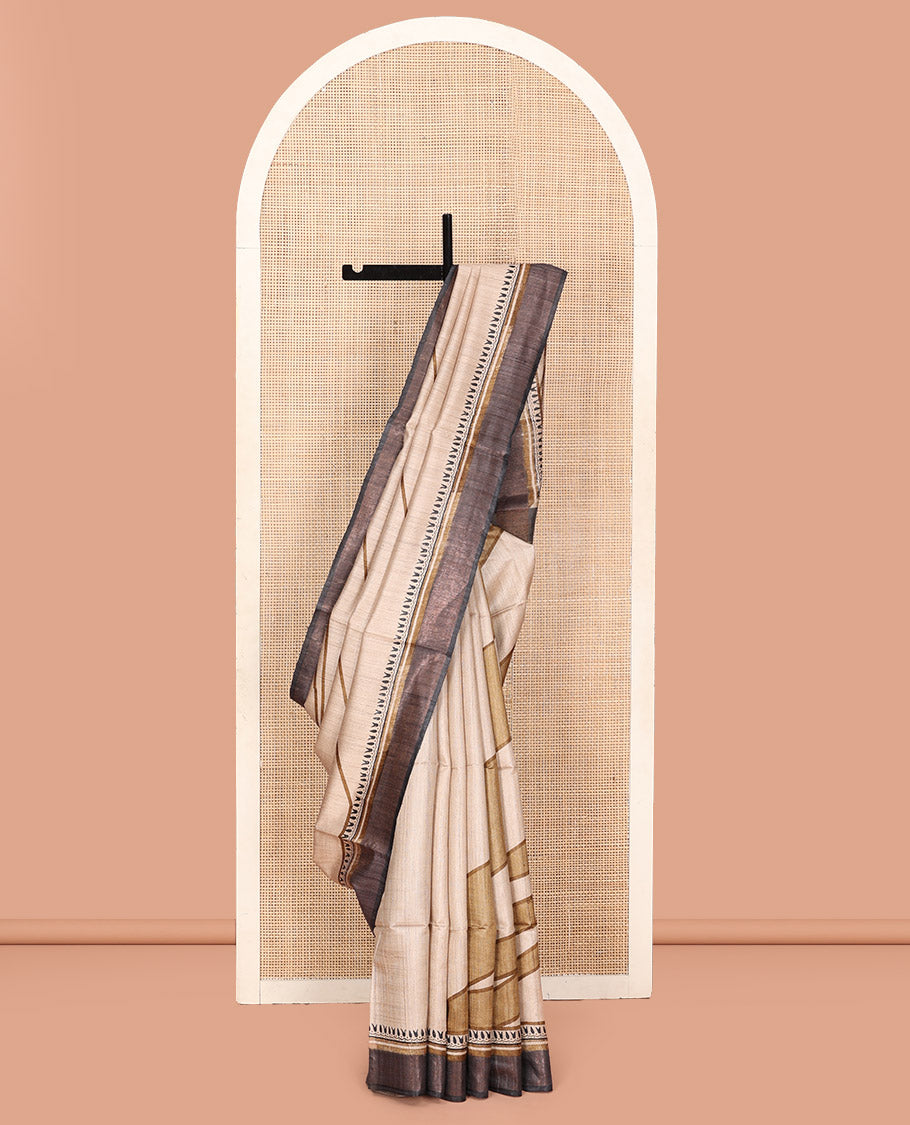 Sandal Tussar Silk Saree, Uniquely Detailed with Abstract-Style Geometric Print on Its Body, Complemented by a Contrast Border, Multi-Color Ombre-Style Striped Pallu, and Paired with a Contrast Blouse