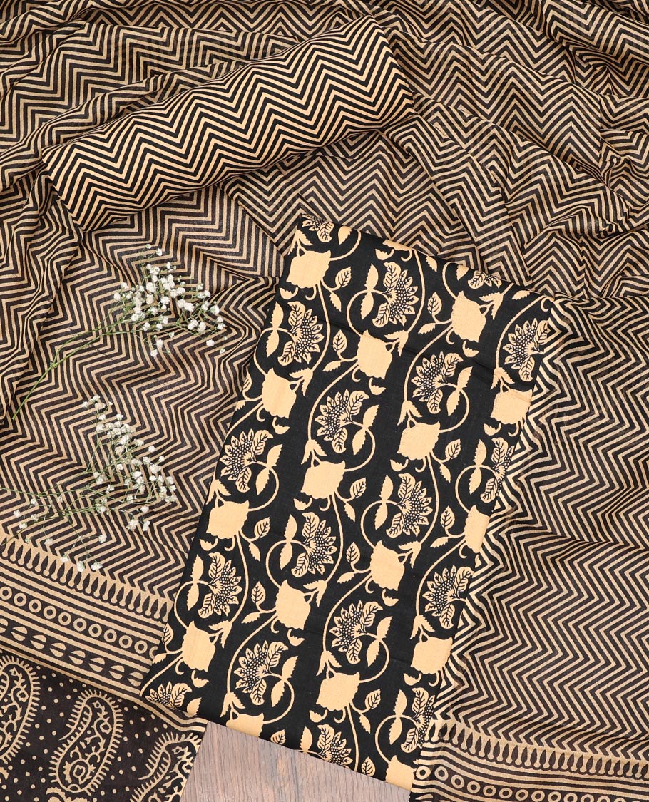 Black chudidhar material set floral vine design top with geomtric design bottom & geometric , floral design dupatta