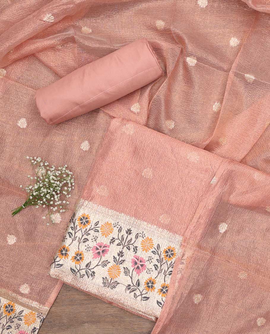Pastel pink chudidhar material set floral thread embroidery top, plain bottom & floral embroidery dupatta