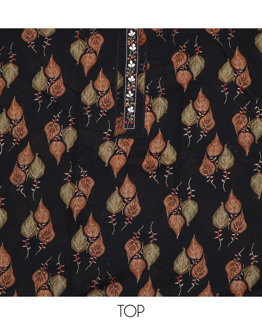 Black material chudidar set, leaf motifs printed with neck embroidered top, matching buttas printed bottom and floral vine printed dupatta