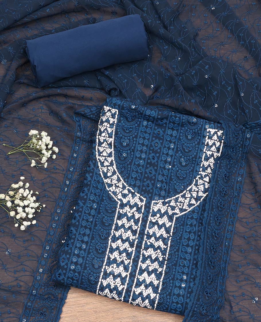 Blue Material Chudidar Set, Bedecked with Chikankari-style Thread Embroidered and Neck Stone Work Georgette Top, a Plain Santoon Bottom, and Paired with Embroidered Georgette Dupatta