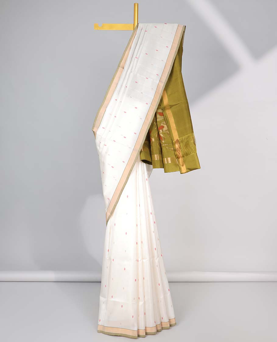 White floral motifs upadda silk saree with self zari border & floral vine design pallu