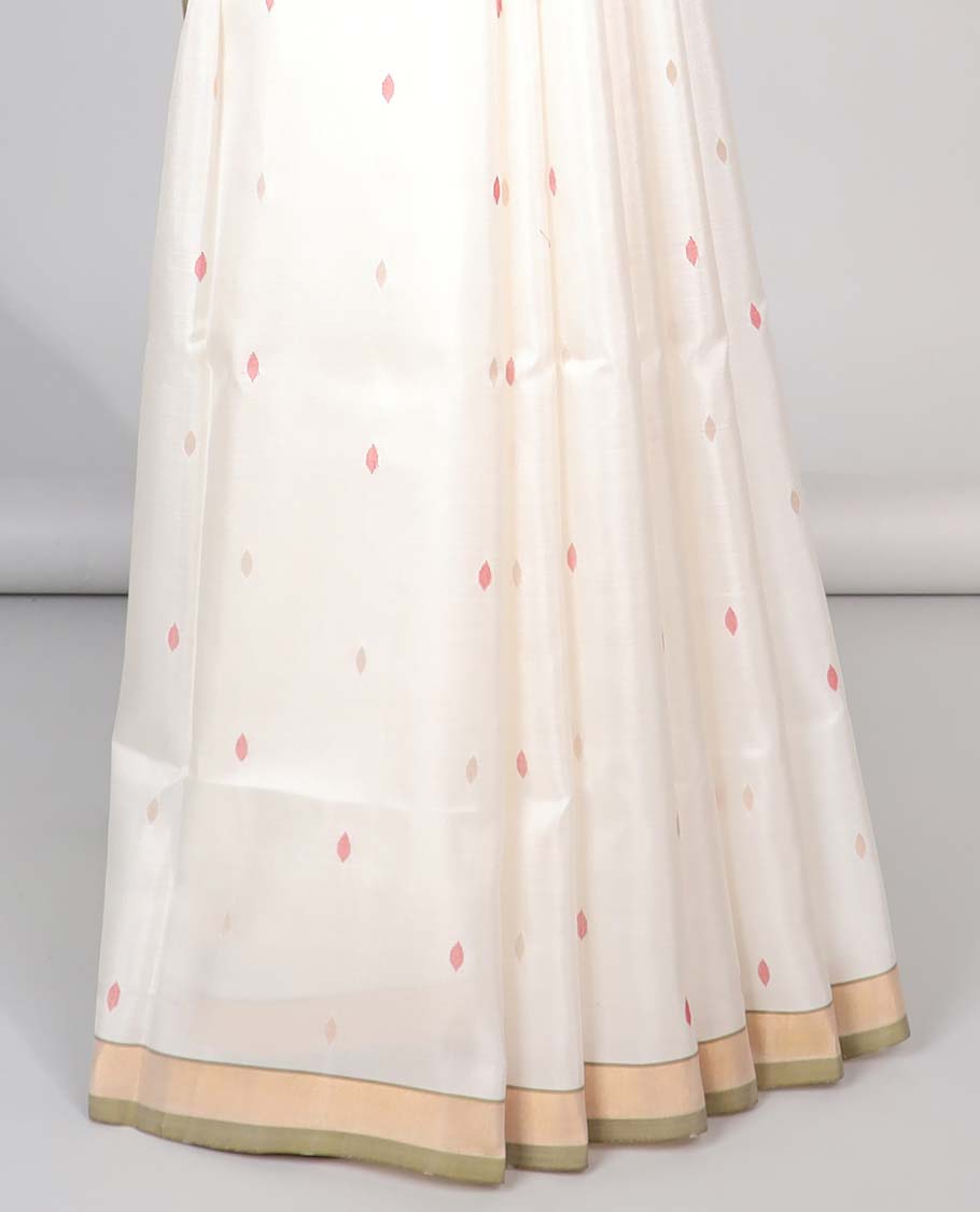 White floral motifs upadda silk saree with self zari border & floral vine design pallu