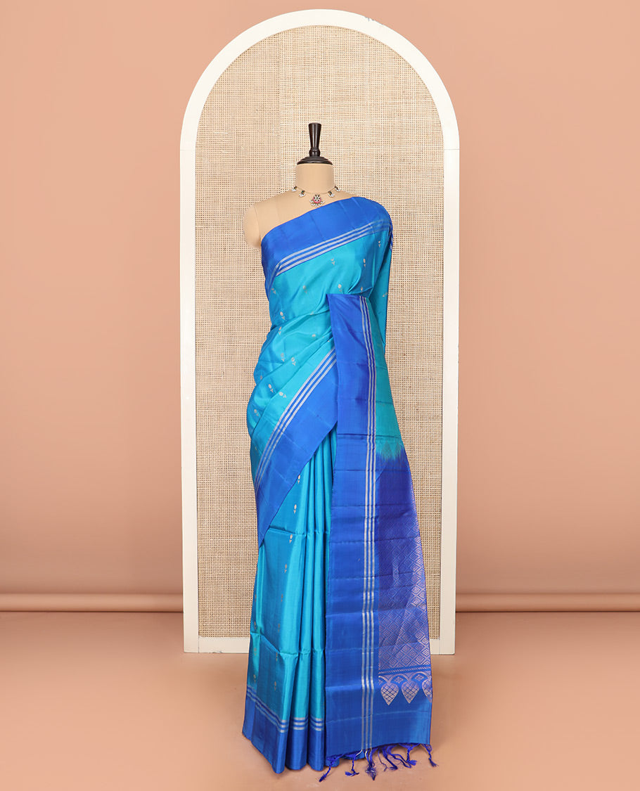 Blue Semi Uppada Saree Beautified with Zari Buttas, Complemented by a Contrasting Border, Pallu of Intricate Jaal Designs, and Paired with a Contrast Blouse