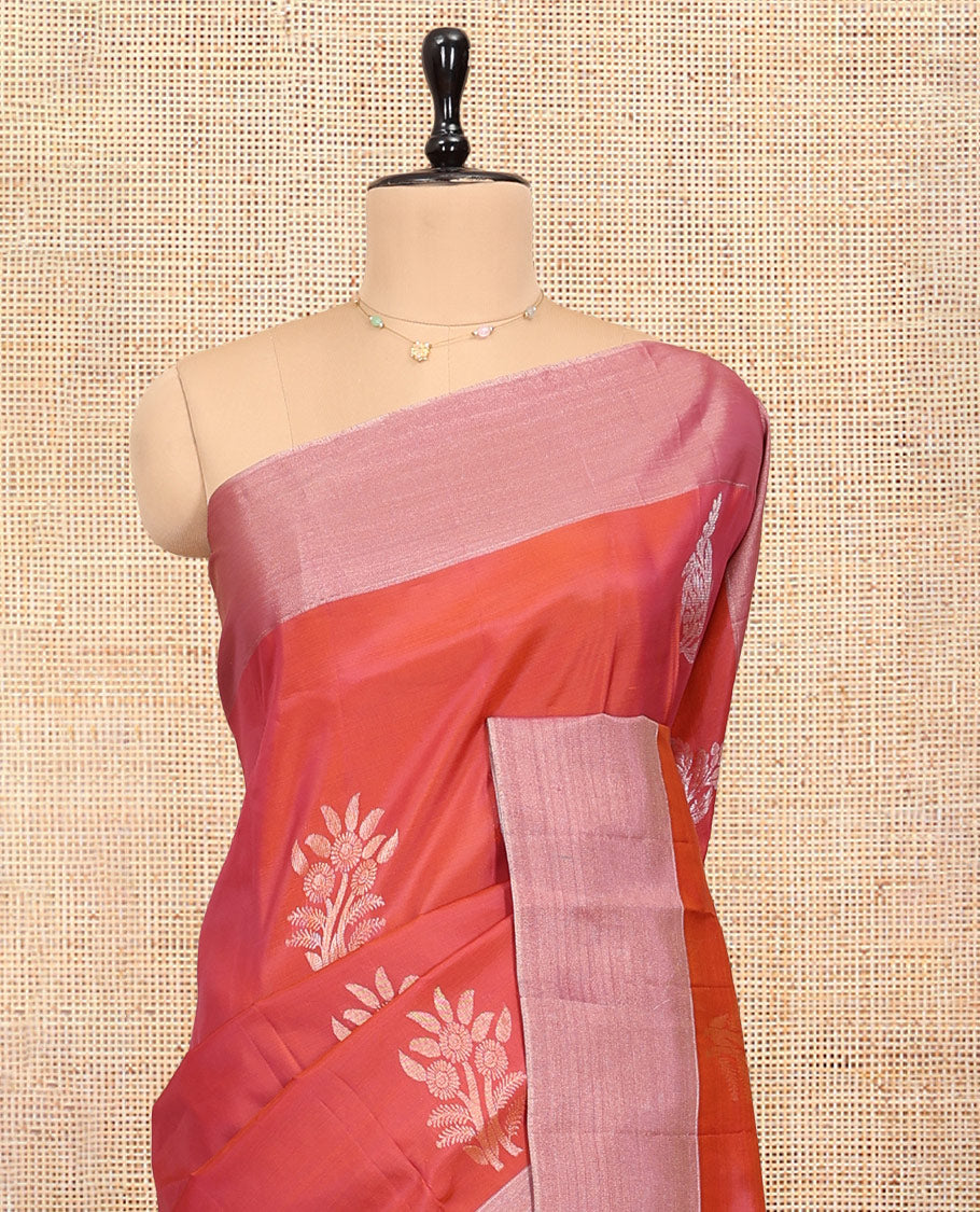 Rust Orange Uppada Saree, Ornamented with Floral Buttas, a Bavanji Border, Contrast Intricate Pallu, and a Contrast Blouse