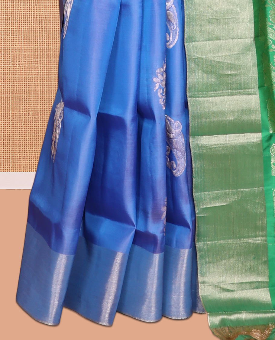 Blue Semi Uppada Saree, Graced with Zari Buttas, a Bavanji Border, Contrast Floral Pallu, and a Contrast Blouse