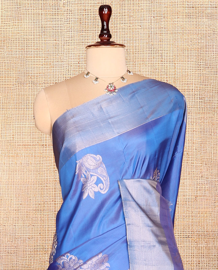 Blue Semi Uppada Saree, Graced with Zari Buttas, a Bavanji Border, Contrast Floral Pallu, and a Contrast Blouse