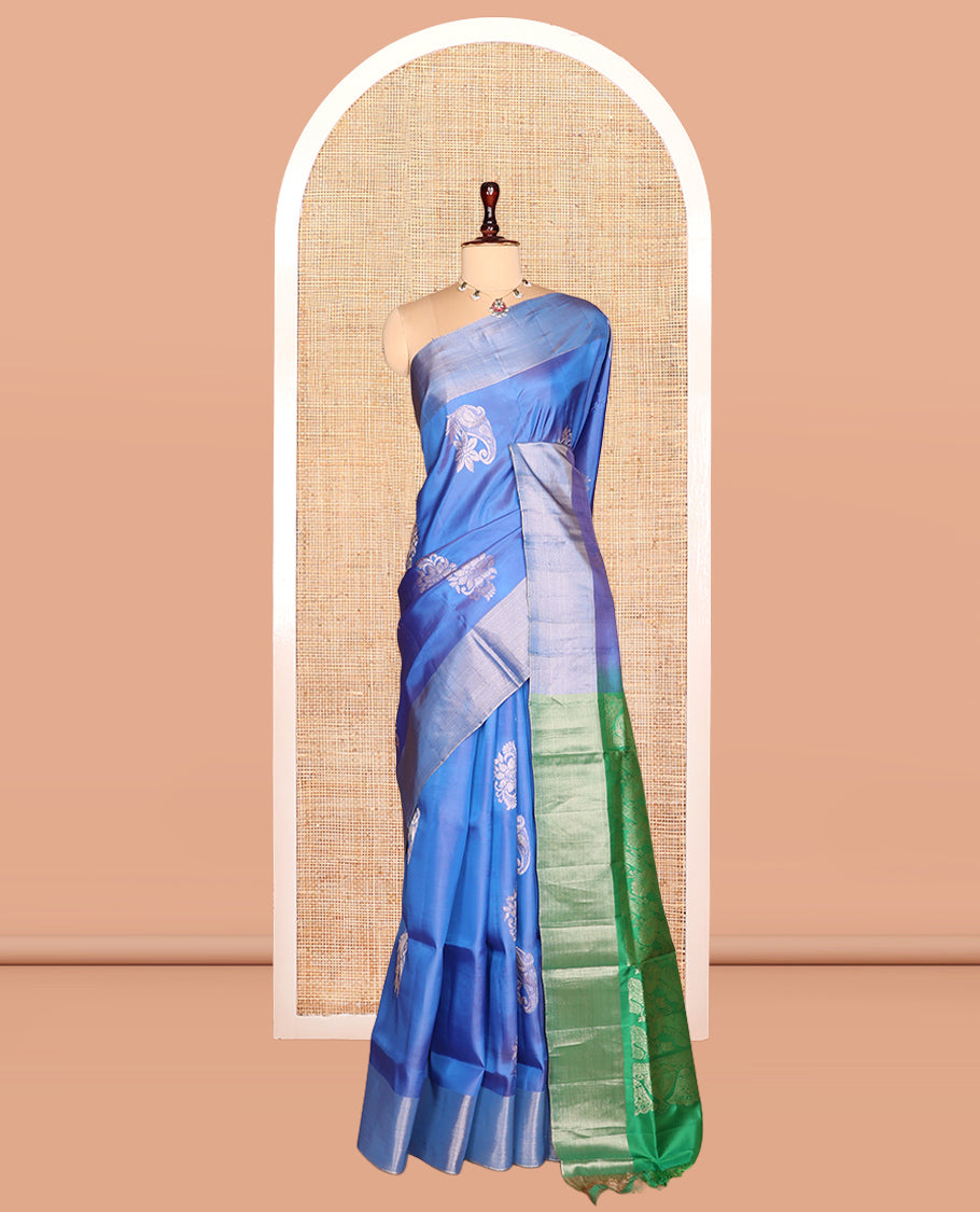 Blue Semi Uppada Saree, Graced with Zari Buttas, a Bavanji Border, Contrast Floral Pallu, and a Contrast Blouse