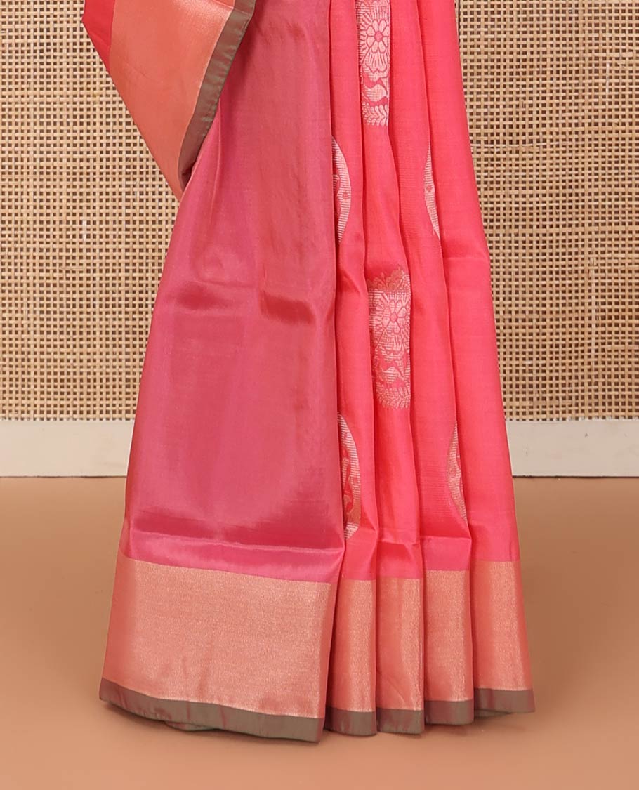 Pink zari buttas Uppada saree, bavanji border, and contrast intricate pallu