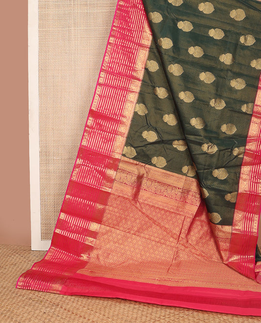 Olive green buttas vasundhara elite silk saree with contrast zari design border & floral jaal design pallu