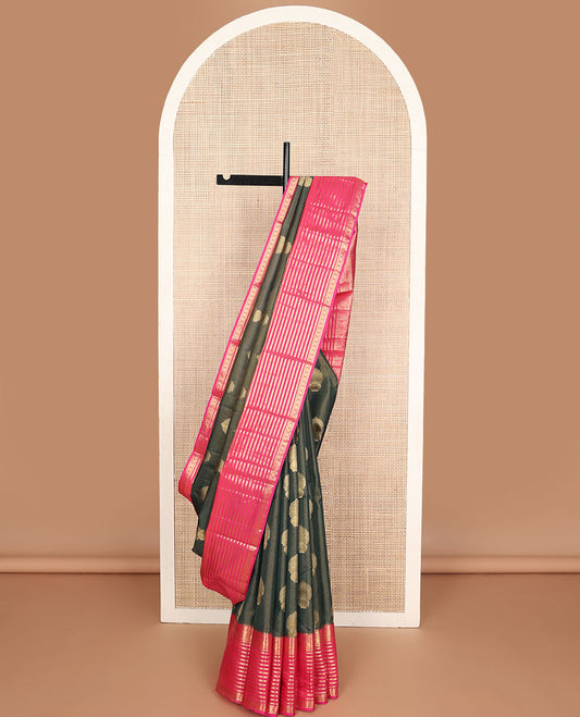 Olive green buttas vasundhara elite silk saree with contrast zari design border & floral jaal design pallu