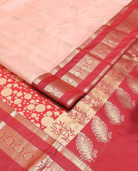 Peach zari buttas Vasundhara silk mix saree, contrast rettai pettu border of thilakam,banaras,star & mayil designs & intricate pallu