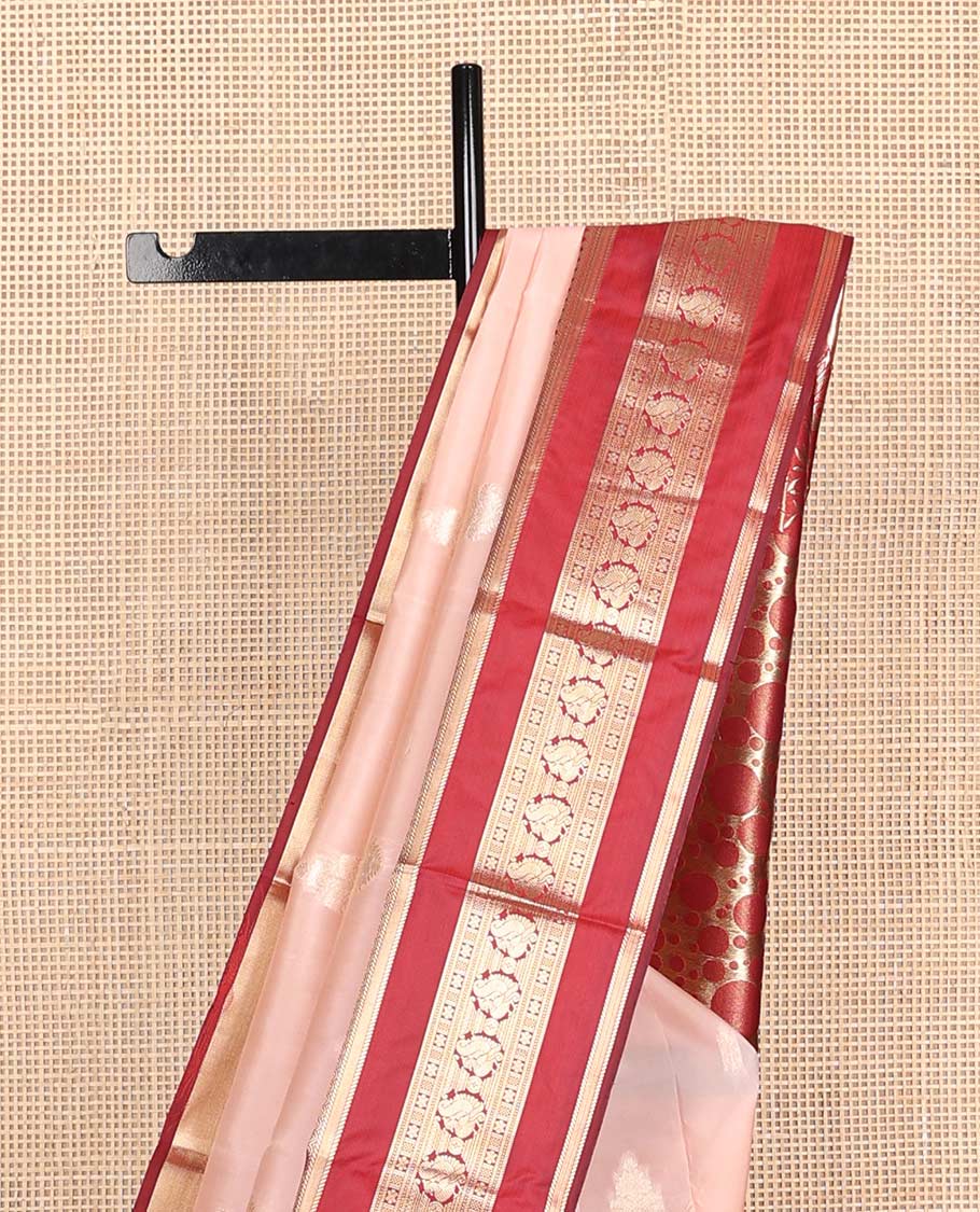 Peach zari buttas Vasundhara silk mix saree, contrast rettai pettu border of thilakam,banaras,star & mayil designs & intricate pallu