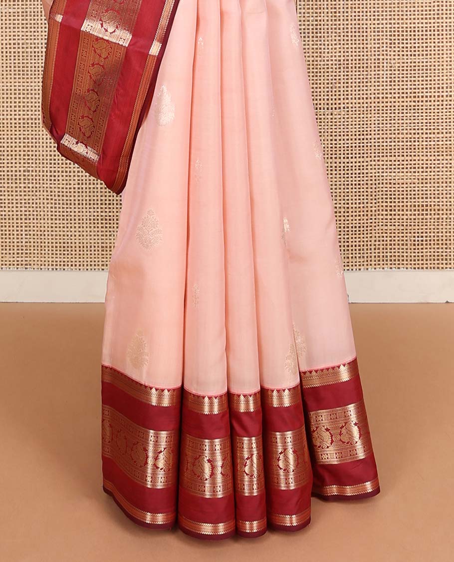 Peach zari buttas Vasundhara silk mix saree, contrast rettai pettu border of thilakam,banaras,star & mayil designs & intricate pallu