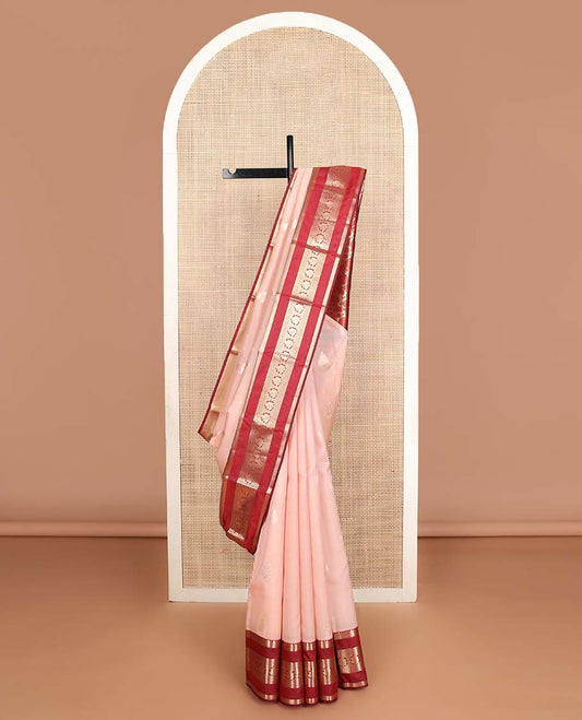 Peach zari buttas Vasundhara silk mix saree, contrast rettai pettu border of thilakam,banaras,star & mayil designs & intricate pallu