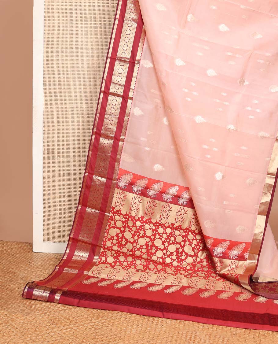Peach zari buttas Vasundhara silk mix saree, contrast rettai pettu border of thilakam,banaras,star & mayil designs & intricate pallu