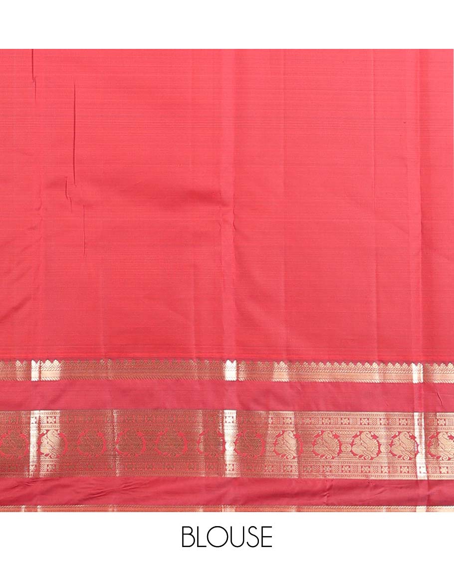 Peach zari buttas Vasundhara silk mix saree, contrast rettai pettu border of thilakam,banaras,star & mayil designs & intricate pallu
