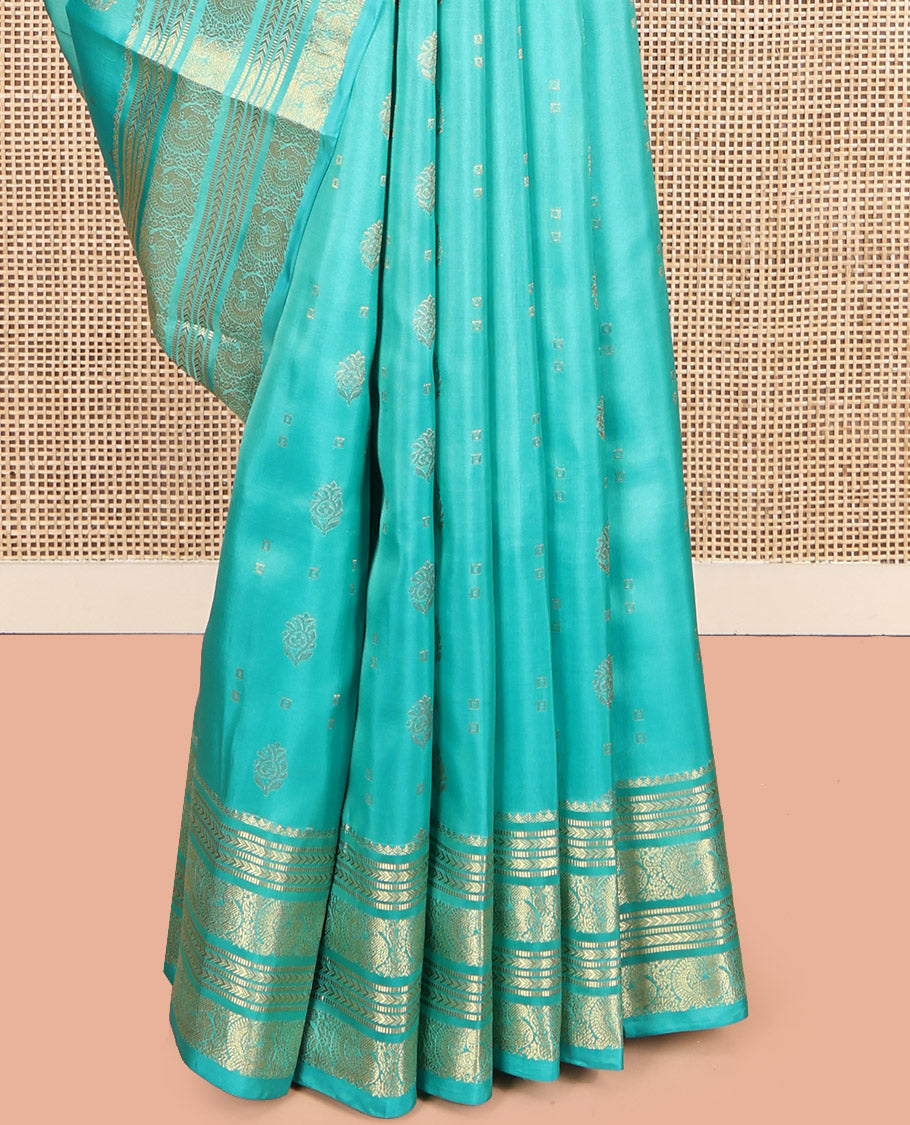 Turquoise Vasundhara Lite Silk Mix Saree, Decked Up with Zari Buttas, Highlighted by a Zari Border of Kathir, Muthu, and Mayil Designs, Intricate Pallu, and a Matching Blouse