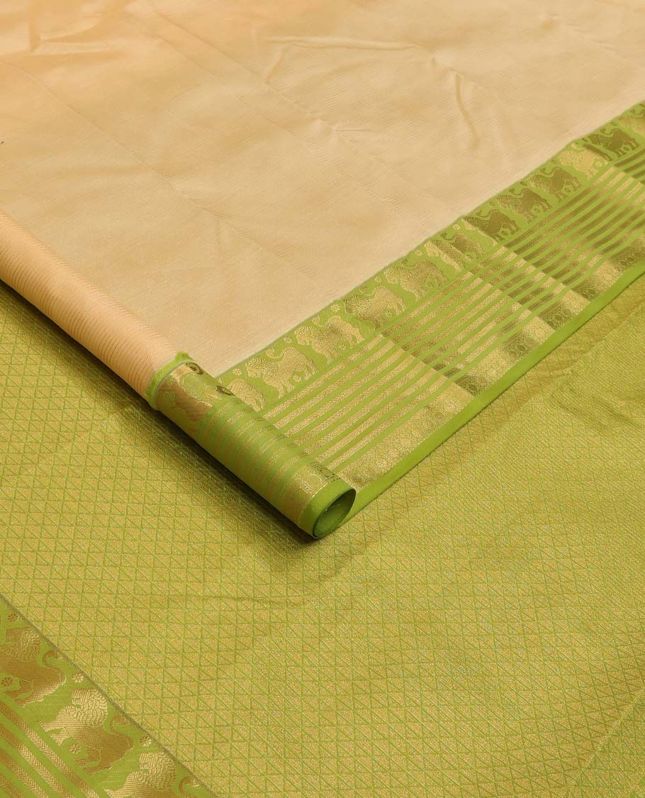 Sandal Vasundhara silk mix saree, contrast border of singam, kathir, and rudraksham designs, and jaal pallu