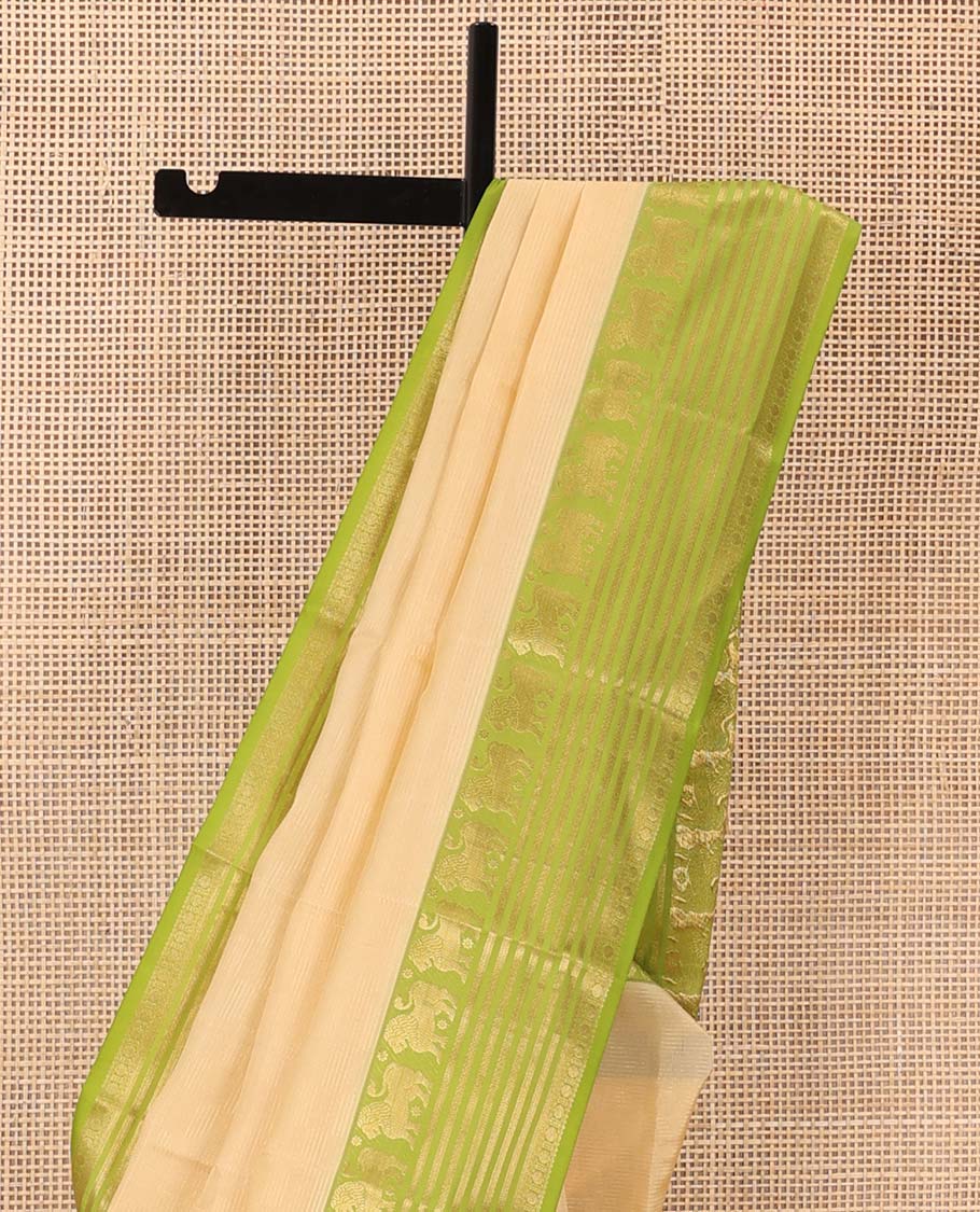 Sandal Vasundhara silk mix saree, contrast border of singam, kathir, and rudraksham designs, and jaal pallu