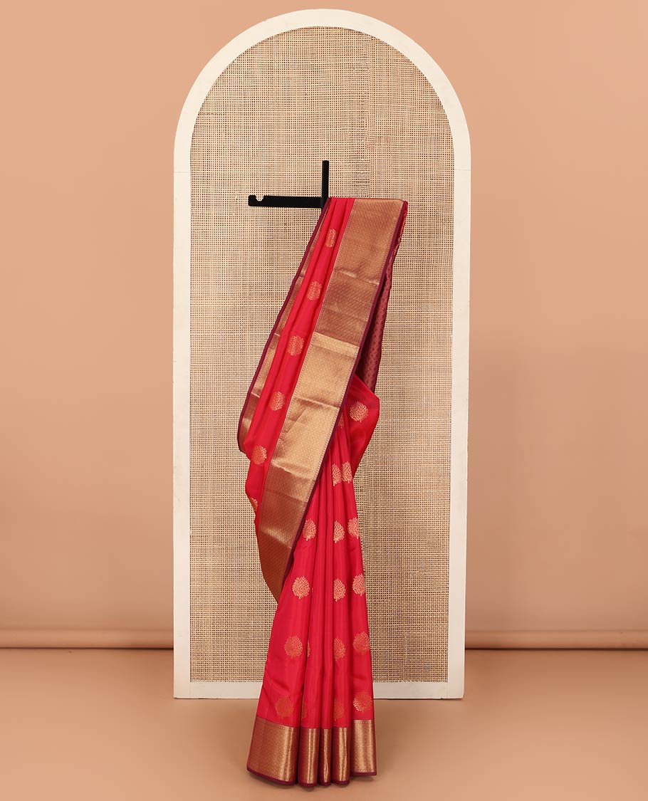 Red zari buttas Vasundhara silk mix saree, contrast border of rekku, poun, and rudraksham designs, and jaal pallu