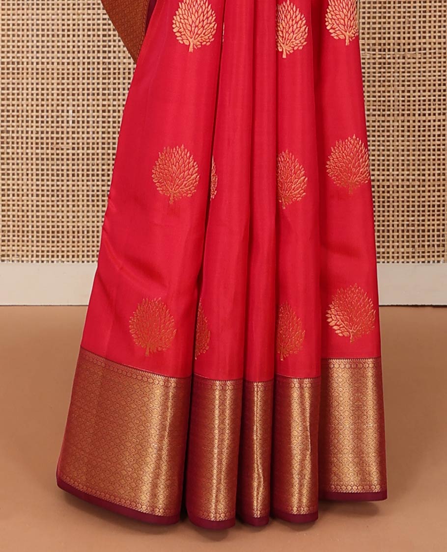 Red zari buttas Vasundhara silk mix saree, contrast border of rekku, poun, and rudraksham designs, and jaal pallu