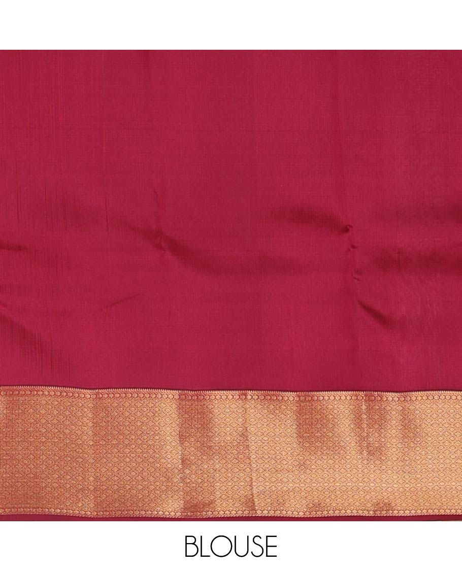 Red zari buttas Vasundhara silk mix saree, contrast border of rekku, poun, and rudraksham designs, and jaal pallu
