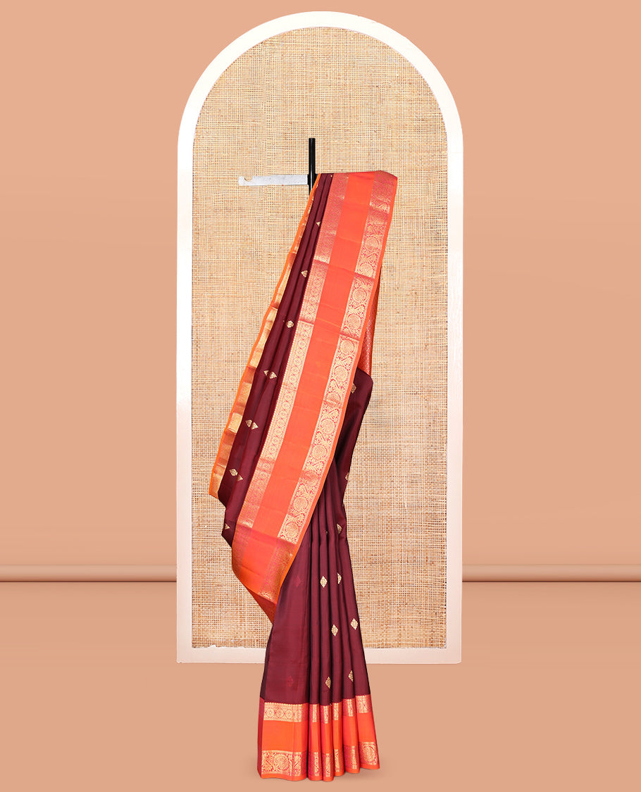 Maroon Zari Buttas Vasundhara Lite Silk Mix Saree, a Contrast Rettai Pettu Border of Kathir, Chakram, and Kodi Visiry Designs, Grand Pallu, and a Contrast Blouse