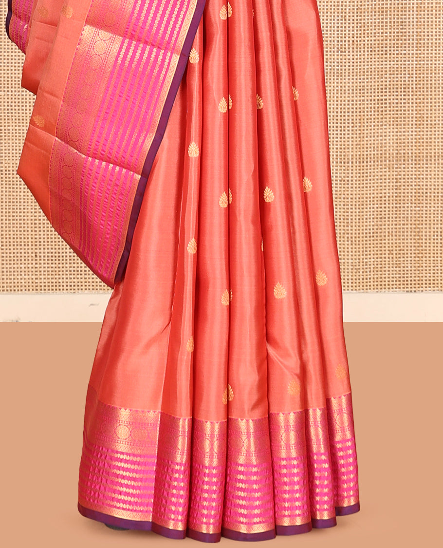 Peach Vasundhara Lite Silk Mix Saree, Finely Crafted with Zari Buttas, a Contrast Border of Chakram, Neli and Kamalam Designs, Grand Pallu, and a Contrast Blouse