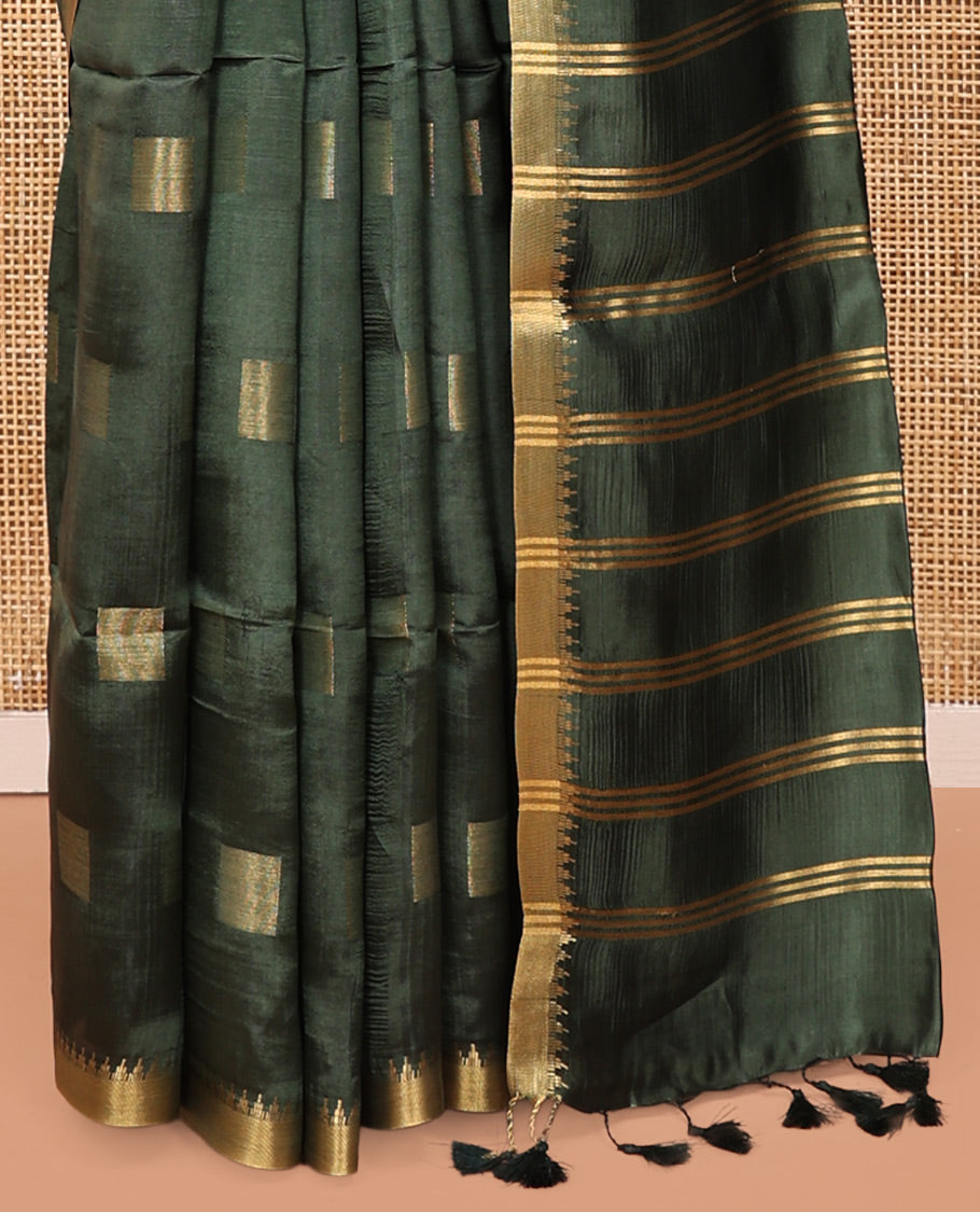 Green Banana Pith Saree, Sparsely Sparkled with Square Buttas All Over Its Body, Highlighted by a Zari Temple Border, Gleaming Zari Striped Pallu, and Paired with a Matching Blouse