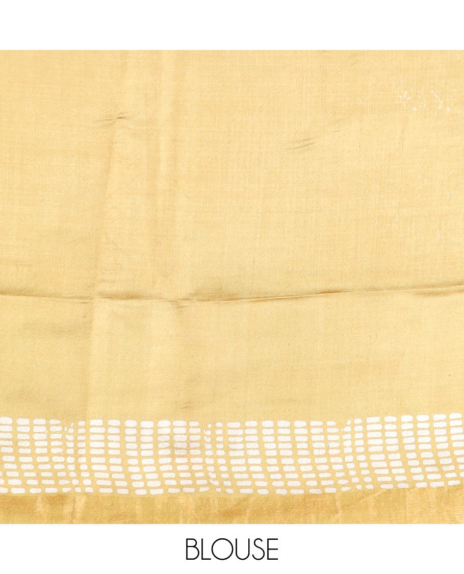Yellow floral and geometric printed banana pith saree, zari border, and printed pallu