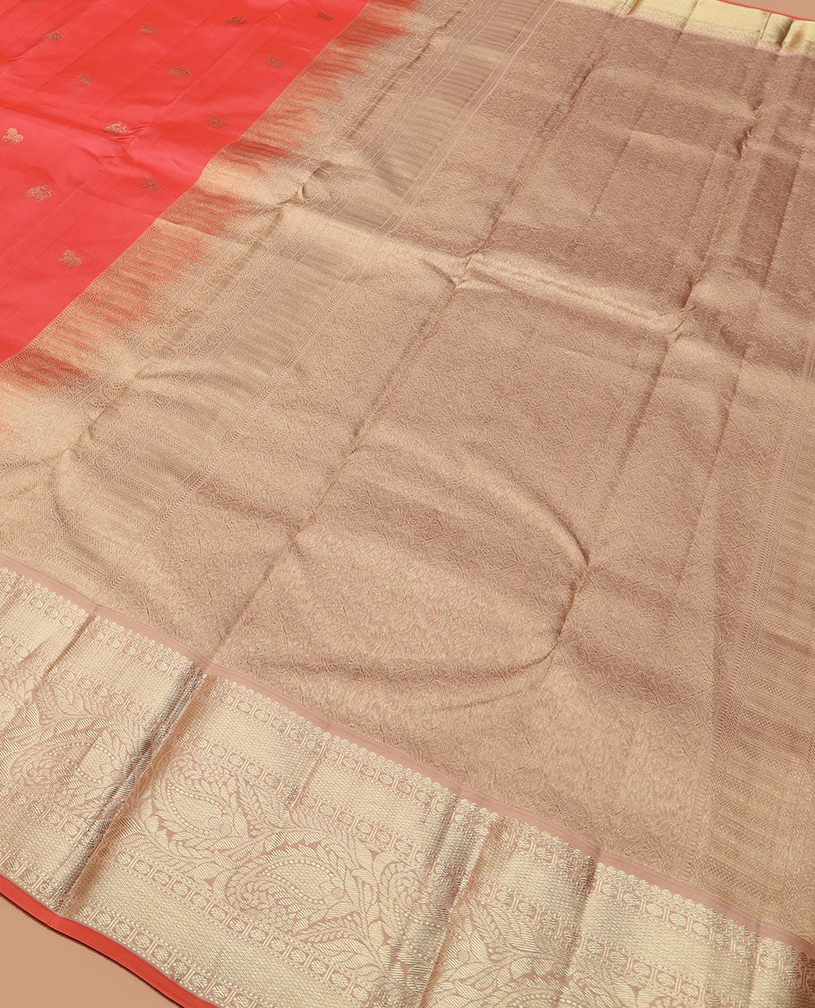 Peach zari buttas silk saree, contrast border of thilakam mokku, muthu, rudraksham, mayil kann, and manga designs, and jaal pallu