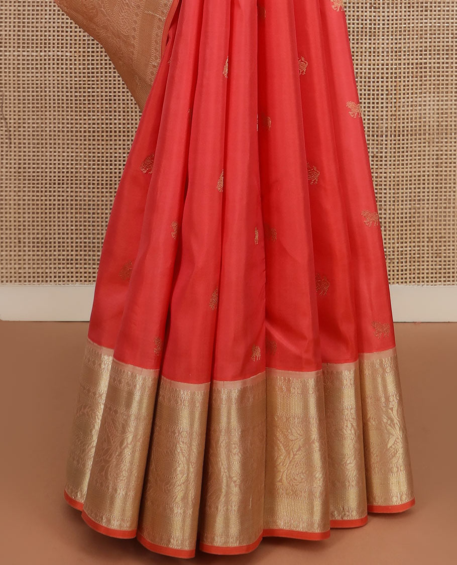 Peach zari buttas silk saree, contrast border of thilakam mokku, muthu, rudraksham, mayil kann, and manga designs, and jaal pallu