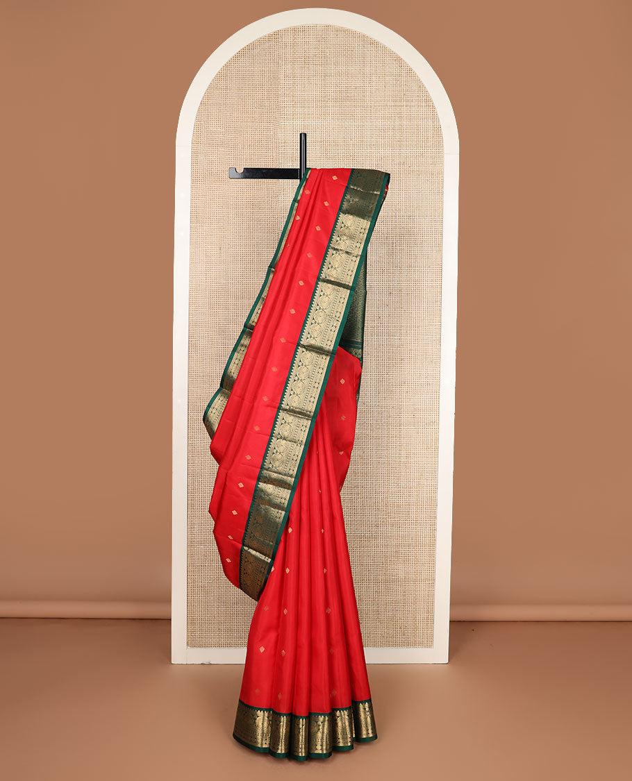 Red zari buttas silk saree, contrast border of rekku,muthu,banaras,rettai manga,diamond & kamalam & intricate pallu