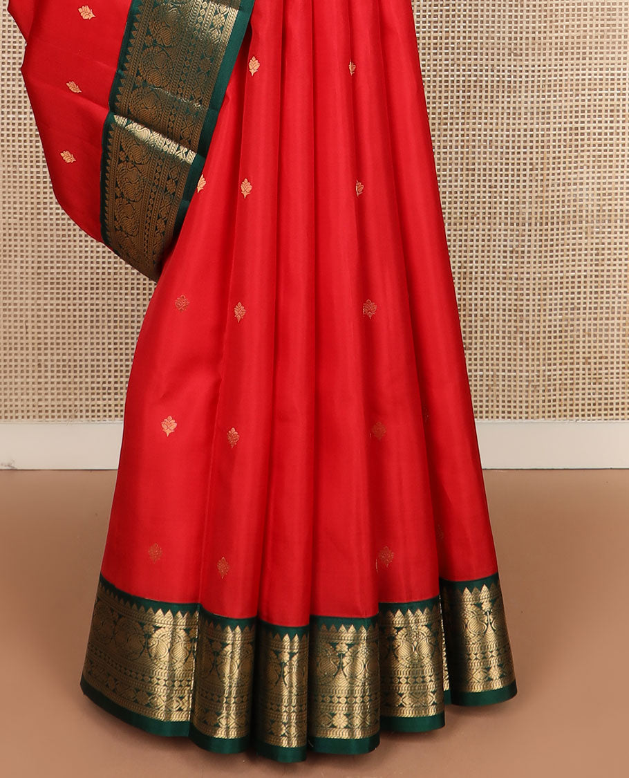 Red zari buttas silk saree, contrast border of rekku,muthu,banaras,rettai manga,diamond & kamalam & intricate pallu