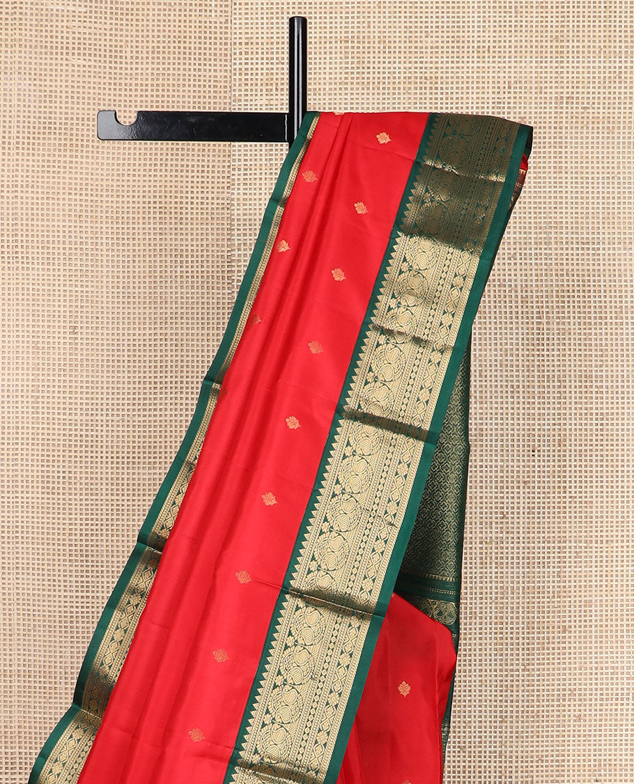 Red zari buttas silk saree, contrast border of rekku,muthu,banaras,rettai manga,diamond & kamalam & intricate pallu