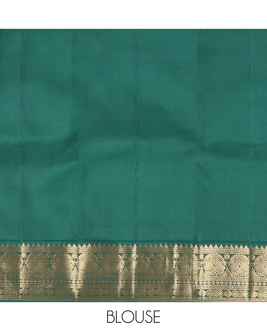Red zari buttas silk saree, contrast border of rekku,muthu,banaras,rettai manga,diamond & kamalam & intricate pallu